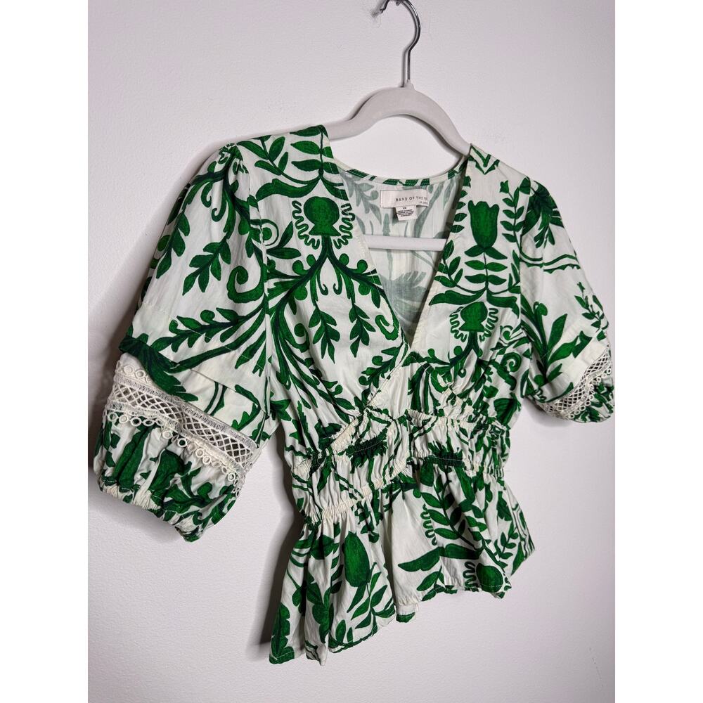 Green Botanical Blouse Euro Summer Peplum Puff Sleeve Cottagecore Top - Picture 2 of 8
